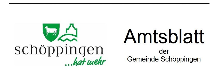 Links wird das Logo der Gemeinde Schöppingen mit dem Schaf als Wappen und dem Rathaussymbol dargestellt. Als Text ist Schöppingen hat mehr zu lesen. Rechts steht Amtsblatt der Gemeinde Schöppingen.